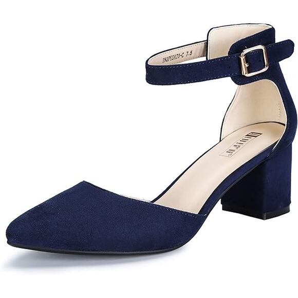 Idifu Womens Size 6 Navy Faux Suede Closed Toe 2" Block Heel Ankle Strap Shoes - Picture 1 of 7